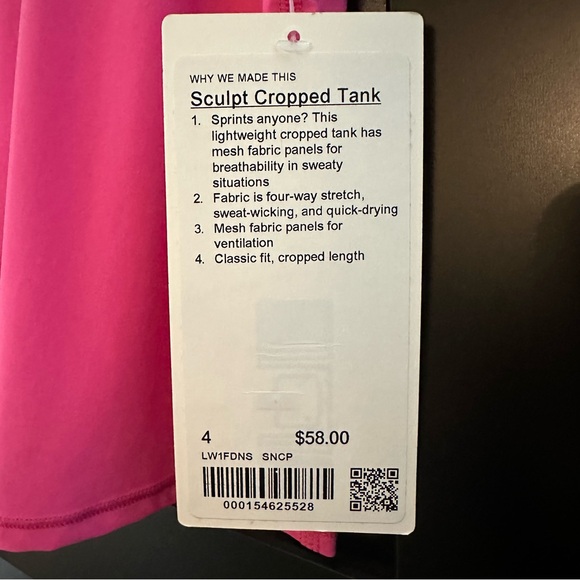NWT - Lululemon Sculpt Cropped Tank Pink Size 4 - Picture 5 of 6